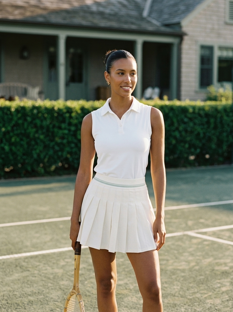 Monroe pleated skort in ecru with the Course to Court polo on a tennis court, skorts vs tennis skirts