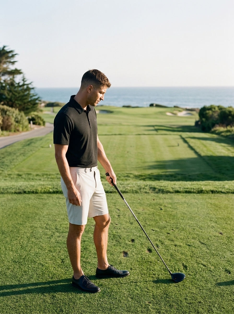 TravisMathew Heater Active Polo in black on the tee box, what to wear golfing this summer