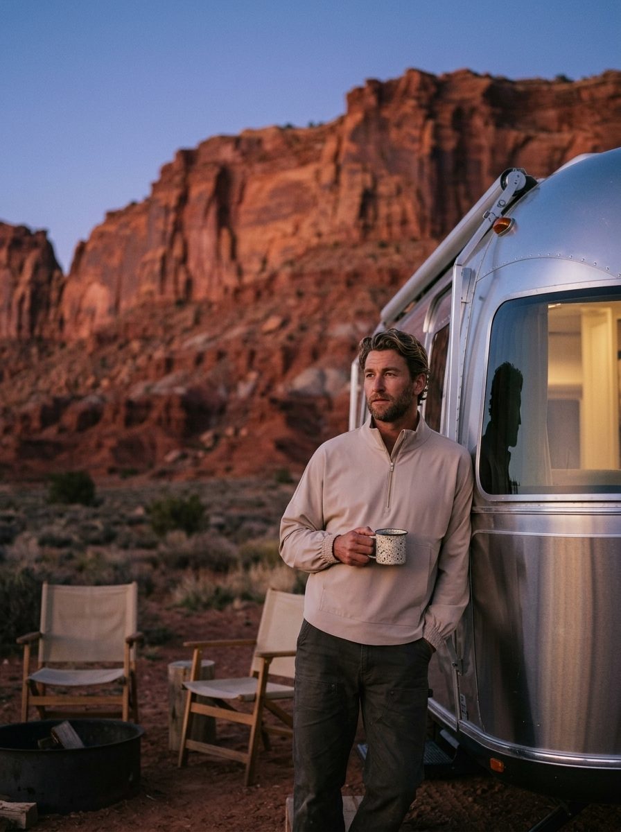 Mirage Anorak in sand beside an airstream at a Utah glamping campsite at dusk, Utah glamping packing list