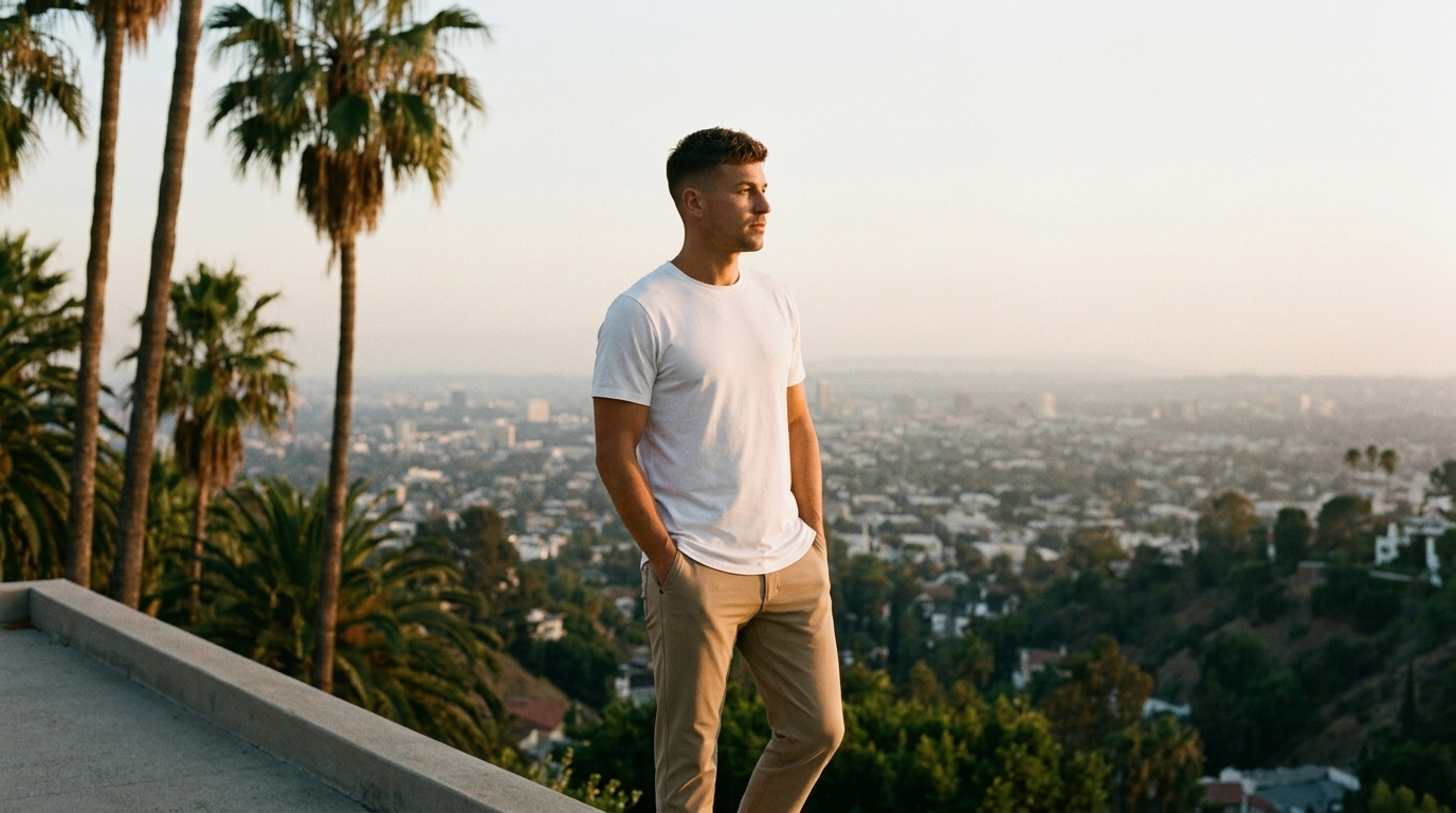 Man in a tee and travel trousers on a Hollywood Hills terrace, what to pack for a Los Angeles trip