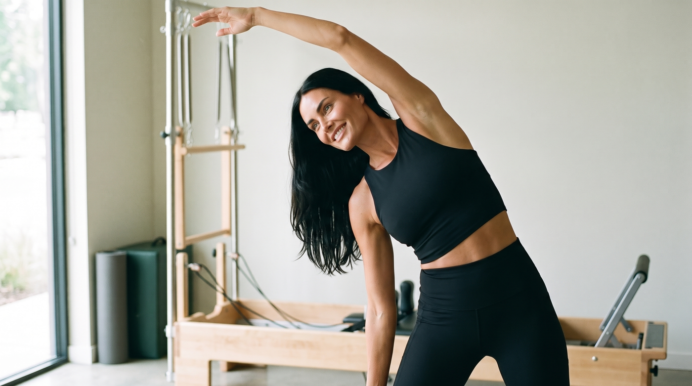 Pilates outfit for hot weather: a woman stretching in a matching black bra and leggings set in a sunlit pilates studio