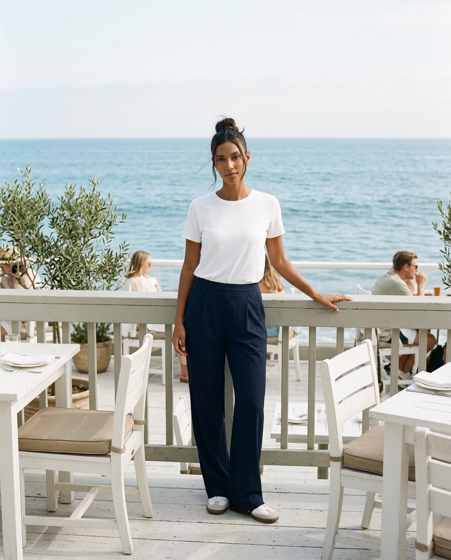 What to wear to a waterfront dinner: a woman in a white top and navy trousers at an ocean-view restaurant railing at golden hour