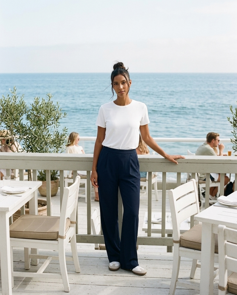 What to wear to a waterfront dinner: a woman in a white top and navy trousers at an ocean-view restaurant railing at golden hour