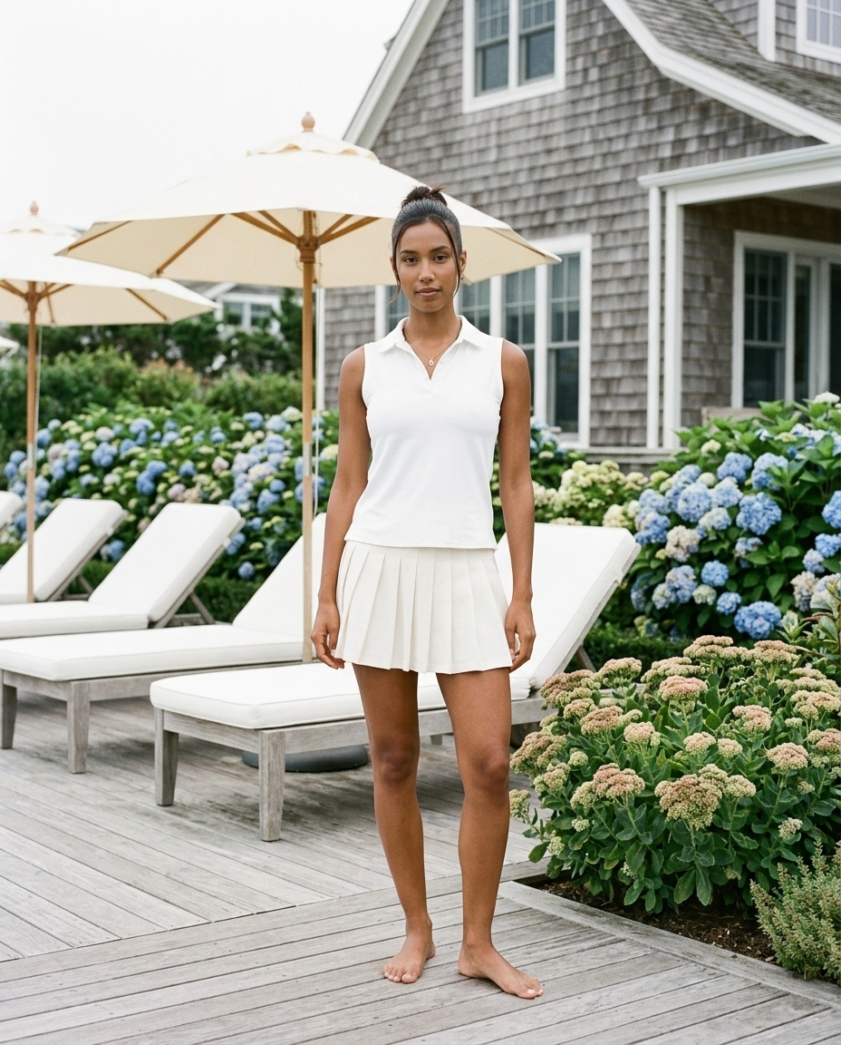 What to wear to a beach club: a woman in a white polo and pleated skort on a beach club deck by the sea