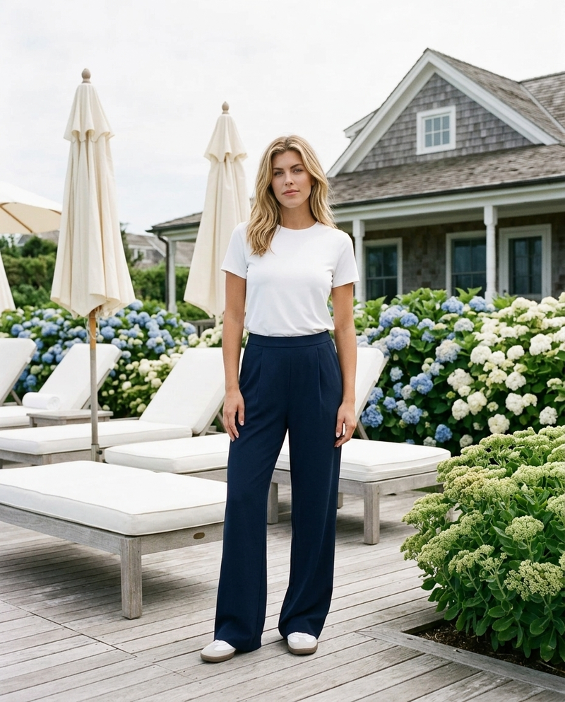 Poolside outfit ideas: a woman in a white tee and navy trousers on a sunny pool deck with chaise lounges
