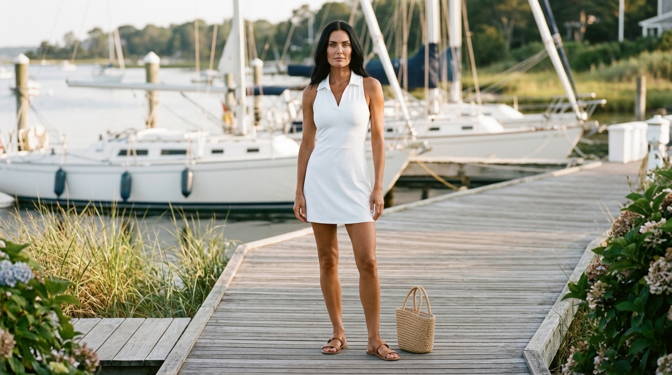 All-white summer outfit ideas: woman in a snow white Rhone Course to Court Dress on a coastal boardwalk at golden hour