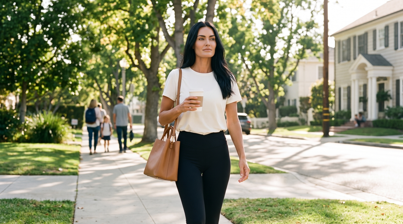 The school-run outfit that isn't gym clothes: a woman in a white tee and black leggings with a tote and coffee on a tree-lined street