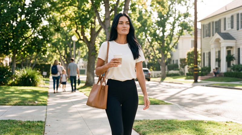 The school-run outfit that isn't gym clothes: a woman in a white tee and black leggings with a tote and coffee on a tree-lined street