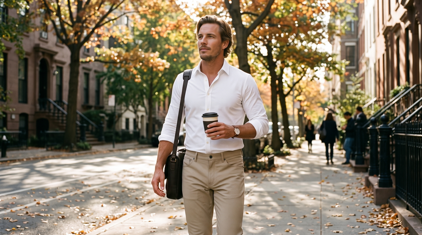 Office clothes for men that aren't a suit: a man in a white shirt and khaki trousers on a fall morning commute