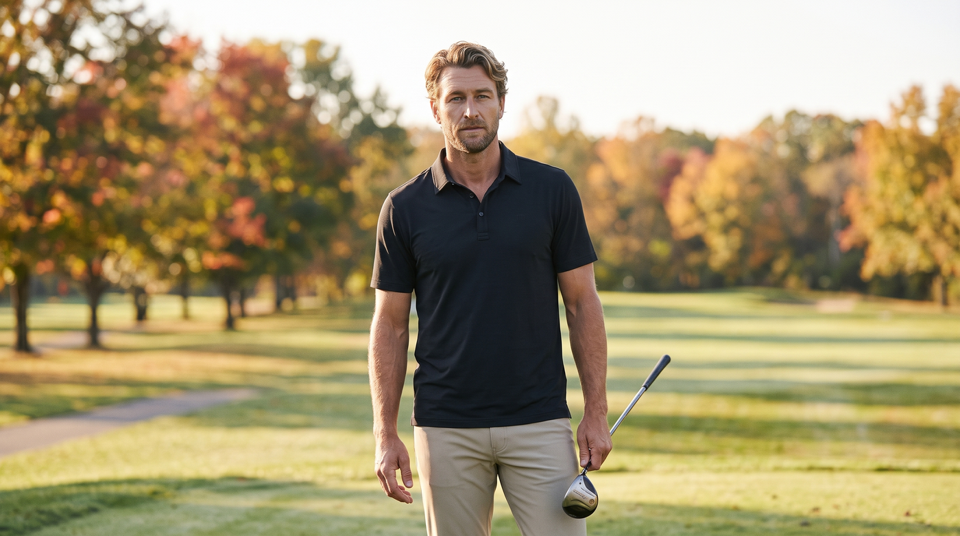 What to wear to a fall golf weekend: a man in a black polo and khaki trousers on a golf course on a crisp fall morning