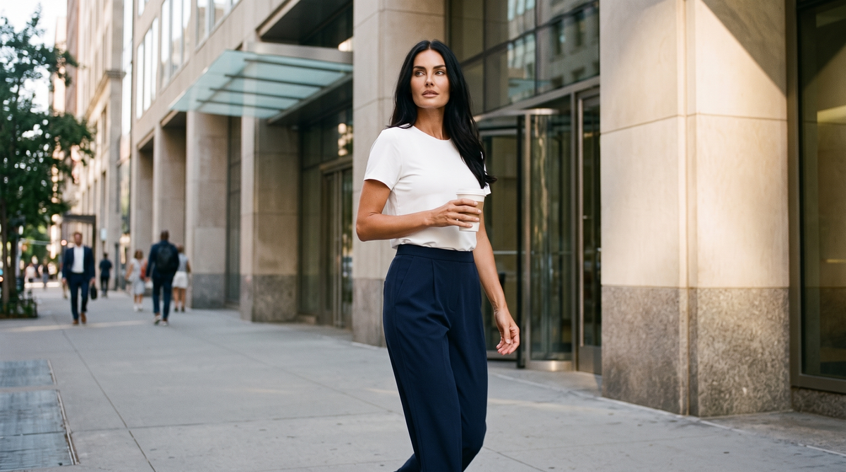 Women's office outfits for a no-dress-code job: a woman in a white tee and navy trousers outside a modern office