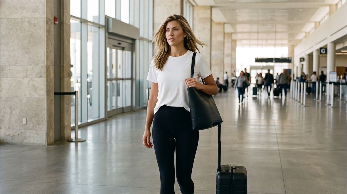 What to wear on a plane: a woman in a white tee and black leggings with a carry-on in an airport terminal
