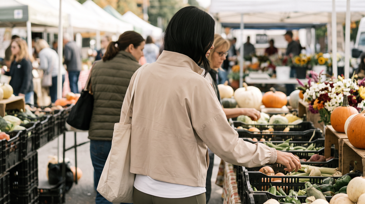 What to wear to a fall farmers market: a woman in a sand anorak browsing a produce stall with a tote at a busy autumn market