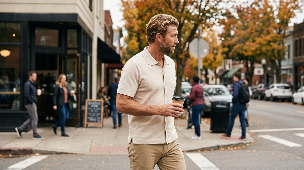 The men's fall capsule wardrobe: a man in a cream knit shirt and khaki trousers stepping out of a coffee shop on a fall morning