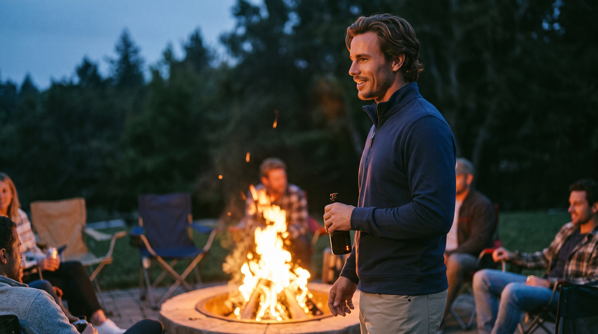 What to wear to a fall bonfire for men: a man in a navy quarter-zip and khaki trousers by a backyard bonfire at dusk holding a drink