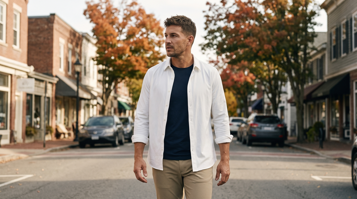 The men's overshirt: a man wearing a white shirt as an open overshirt over khaki trousers on a fall town street