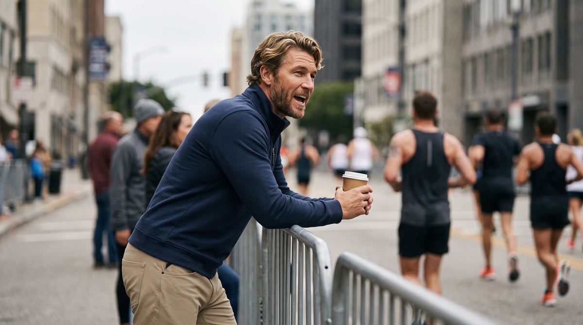 What to wear to watch a marathon for men: a man in a navy quarter-zip and khaki trousers cheering at a course barricade