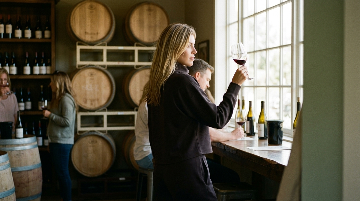 What to wear to a wine tasting in the fall: a woman in a dark espresso Rhone DreamGlow mock neck and matching trouser holding a glass of red wine up to the window light at a barrel-room tasting bar in October