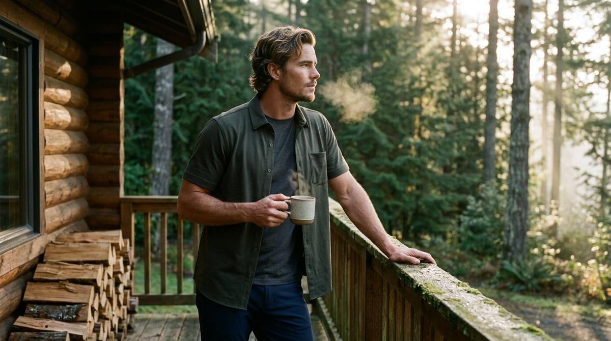 What to wear to a fall cabin weekend: a man in a dark olive TravisMathew Heater overshirt over a tee and navy Rhone Commuter Pro trousers holding a coffee mug on a log cabin porch with stacked firewood and misty evergreens