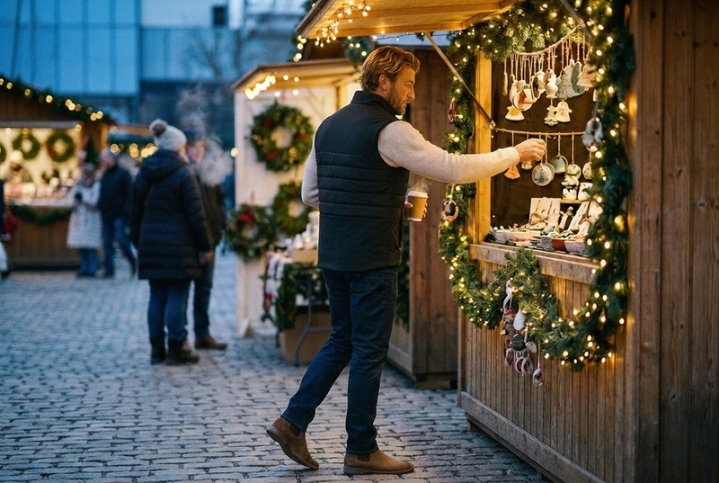 What to wear to an outdoor holiday market, men: a man in a black quilted vest over an oatmeal ribbed sweater and dark indigo jeans reaching for an ornament at a string-lit market stall with a cup of cider at dusk, cast: Hudson