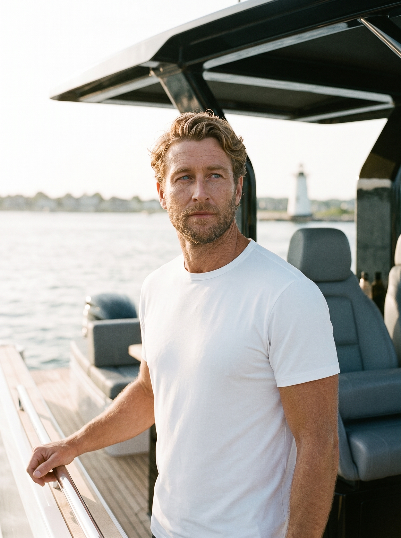 Cuts AO Forever Tee in white on a yacht — Hamptons weekend style