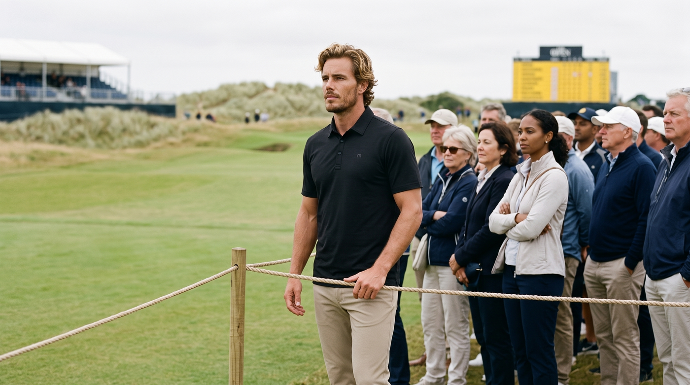 What to wear to watch a golf tournament: a well-dressed spectator among a diverse crowd behind the gallery ropes at a links course