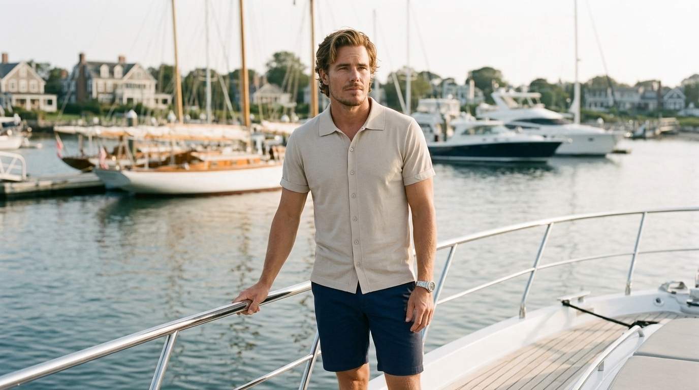 Man in a cream knit polo and navy shorts on a yacht deck, what to wear on a boat