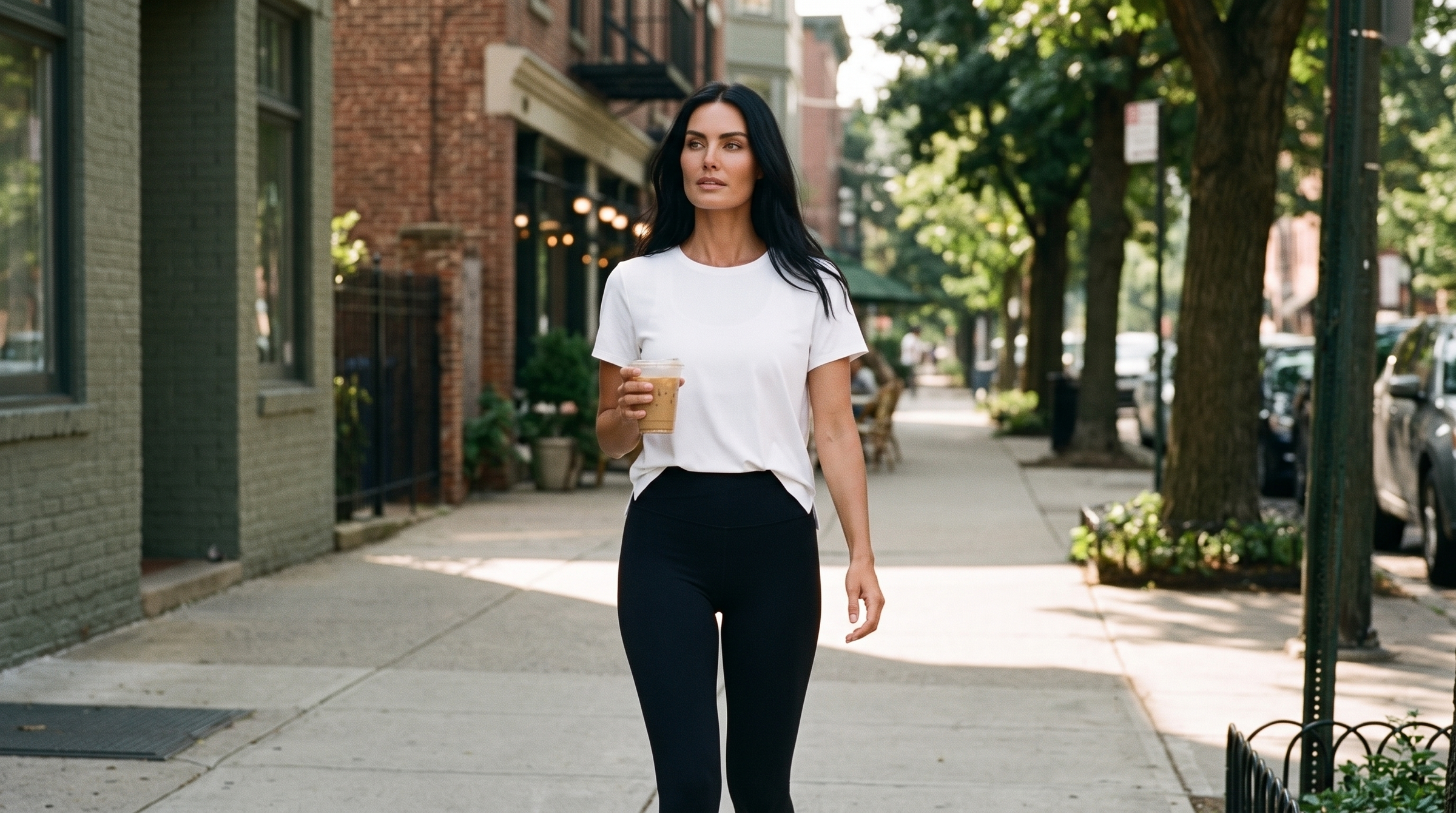 The studio-to-brunch outfit formula: a woman in leggings and a white tee walking to a cafe with an iced coffee