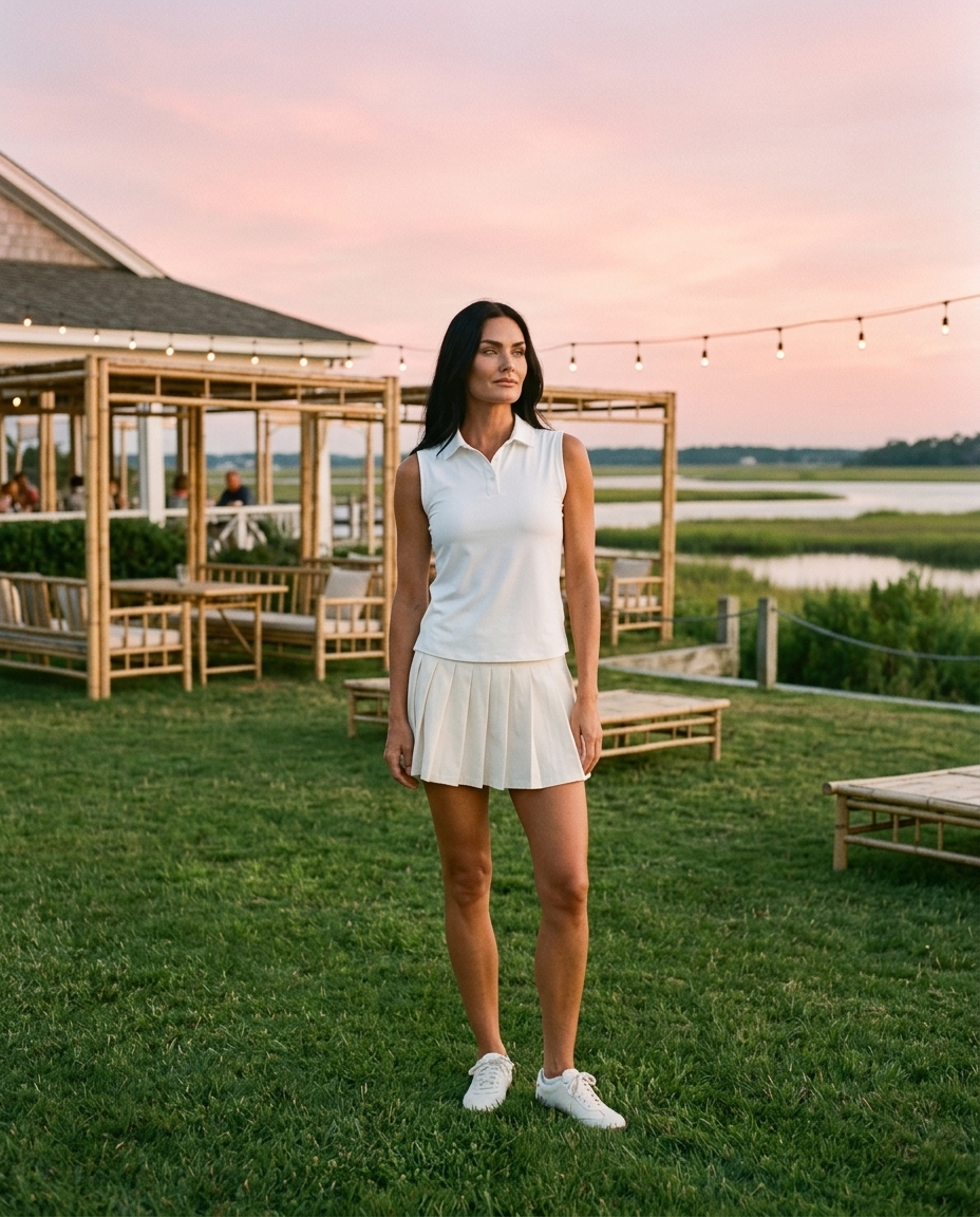 What to wear to a summer garden party: a woman in a white polo and skort on a golden-hour lawn with string lights