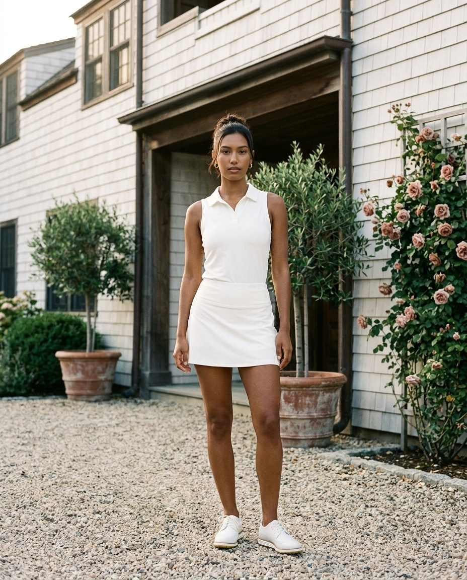 What to wear for a coastal town weekend: a woman in a white polo and skort in a whitewashed seaside hotel courtyard