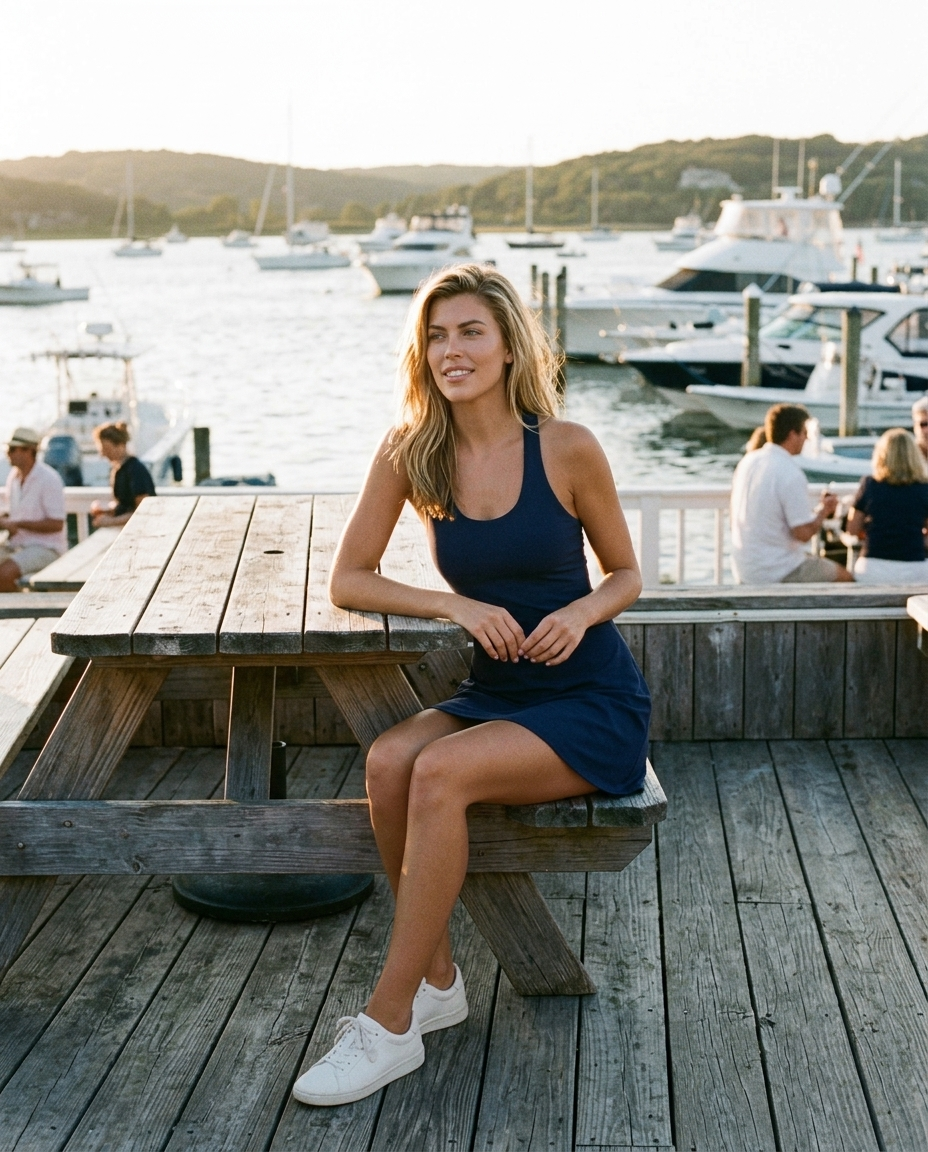 What to wear on a boat day: a woman in a navy dress on a harbor deck with boats and water behind at golden hour