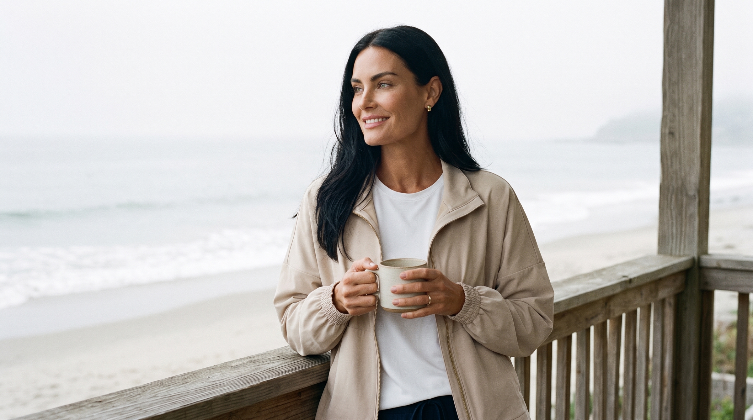 Coastal grandmother aesthetic: a woman in a white tee and sand anorak with coffee on a weathered cedar porch by the coast