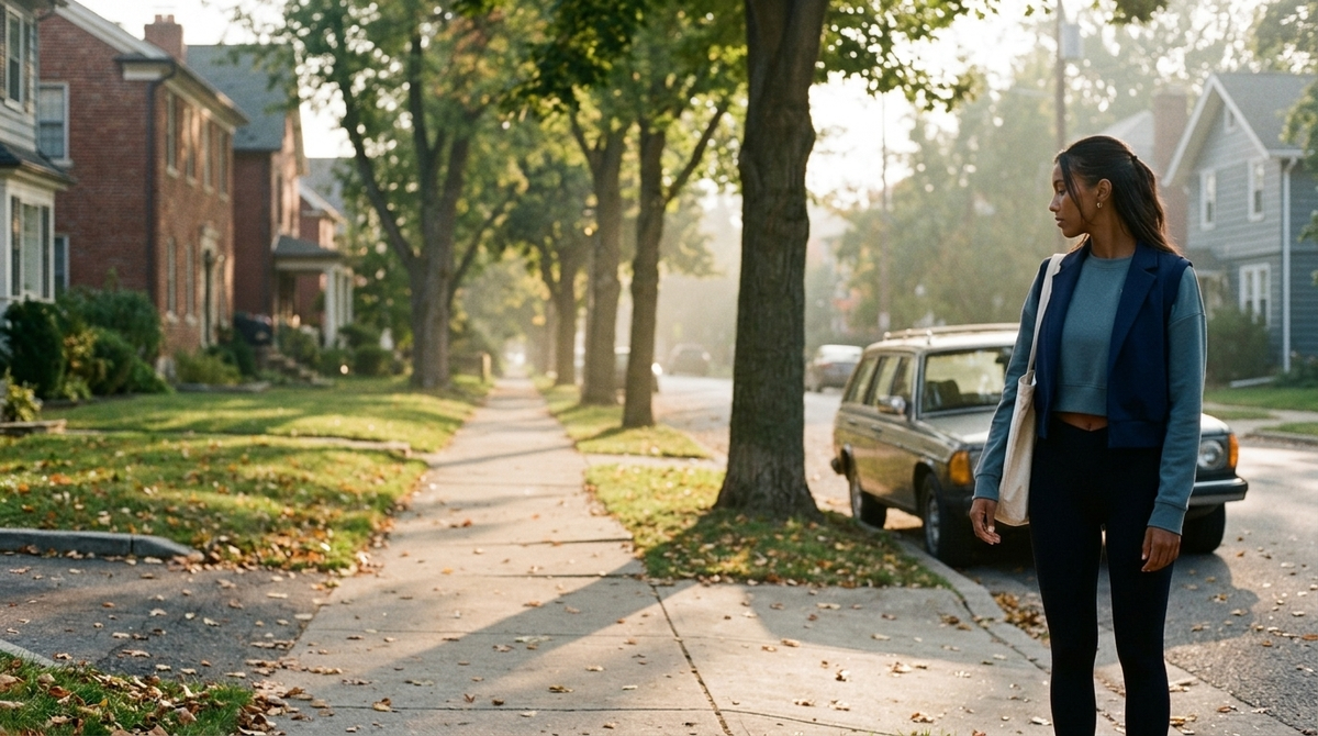 Early fall layering outfits for women: a woman in the Rhone DreamGlow Crew Neck under a navy TravisMathew SkyLoft Soft Vest and black Studio Sculpt Legging on a tree-lined street on a cool autumn morning