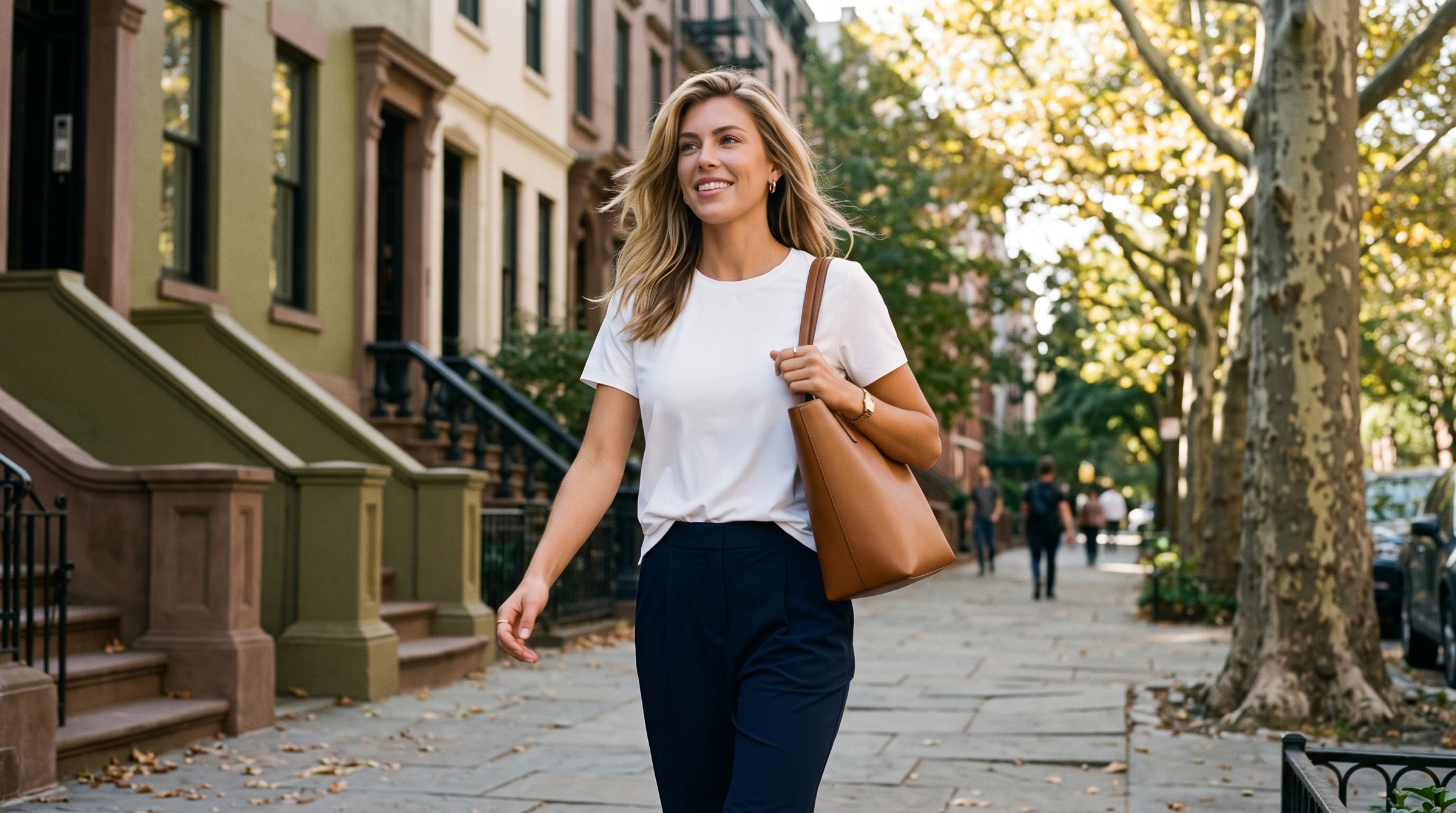 The quiet-luxury fall capsule for women: a woman in a white tee and navy trousers on a crisp early-fall morning