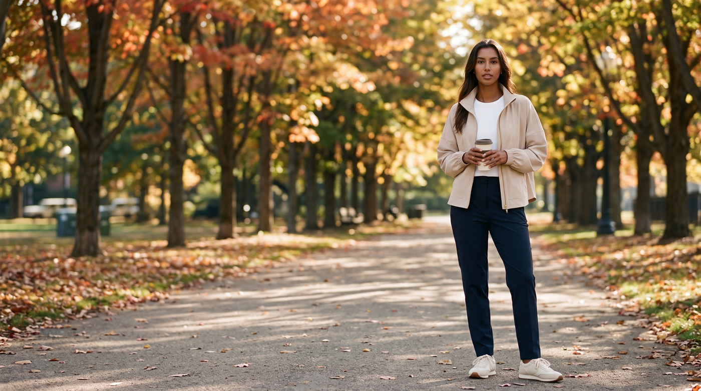 Early fall transitional outfits for women: a woman in a white tee and sand anorak on a tree-lined park path on a crisp fall morning