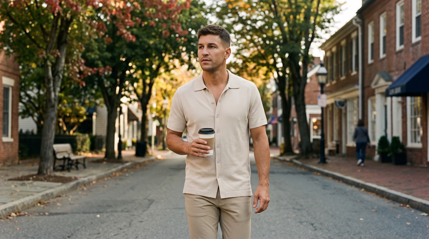 The men's fall weekend uniform: a man in a cream knit shirt and khaki trousers on a relaxed fall Saturday