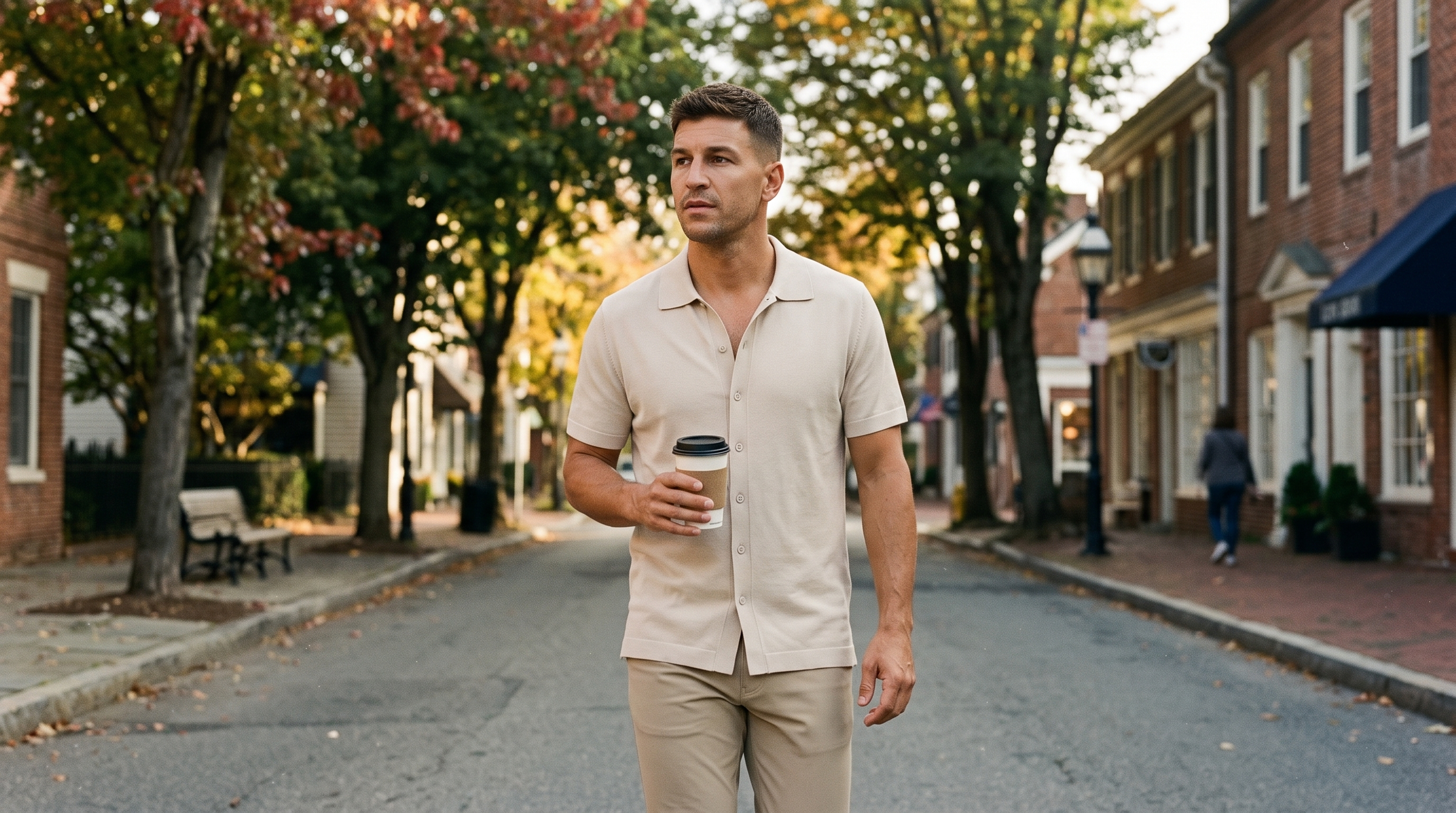 The men's fall weekend uniform: a man in a cream knit shirt and khaki trousers on a relaxed fall Saturday