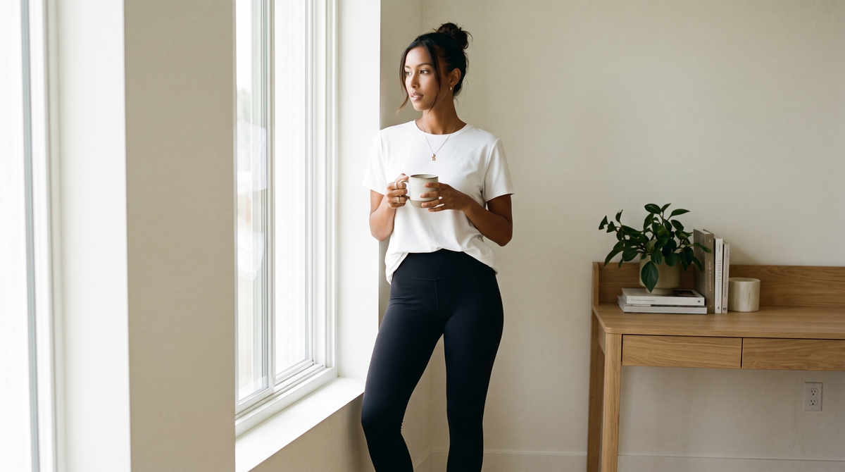 Work-from-home outfits that aren't pajamas: a woman in a white tee and black leggings in a bright home office
