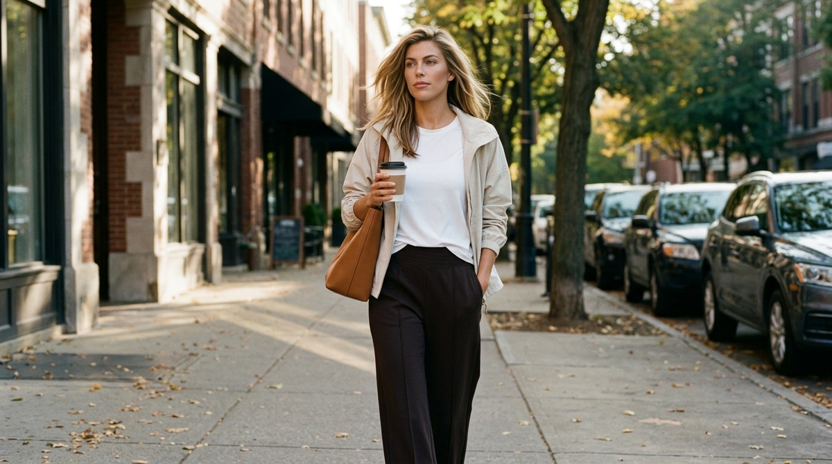 Women's fall commuter outfits: a woman in a white Rhone Serene Tee, sand Mirage Anorak and dark espresso DreamGlow Trouser walking a tree-lined city sidewalk on a cool autumn morning