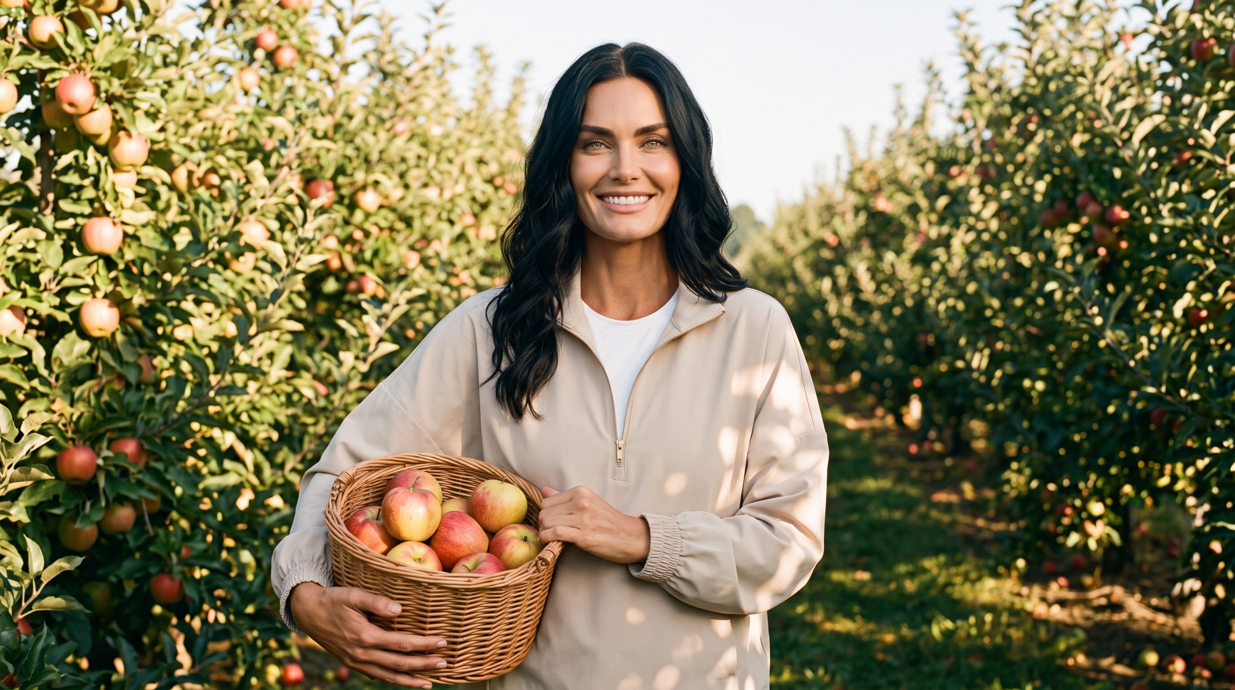 What to wear apple picking: a woman in a white tee and sand anorak holding a basket of apples in an orchard