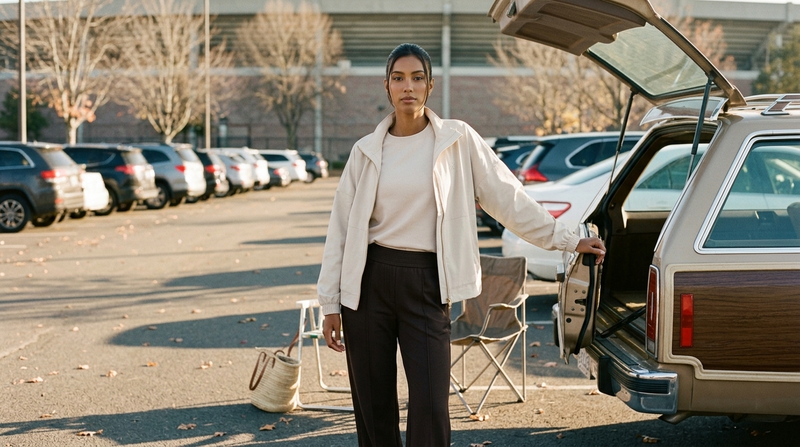 What to wear to a fall tailgate: a woman in a sand Rhone DreamGlow Crew Neck, open sand Mirage Anorak and dark espresso DreamGlow Trouser beside an open tailgate in a stadium parking lot on a crisp autumn morning