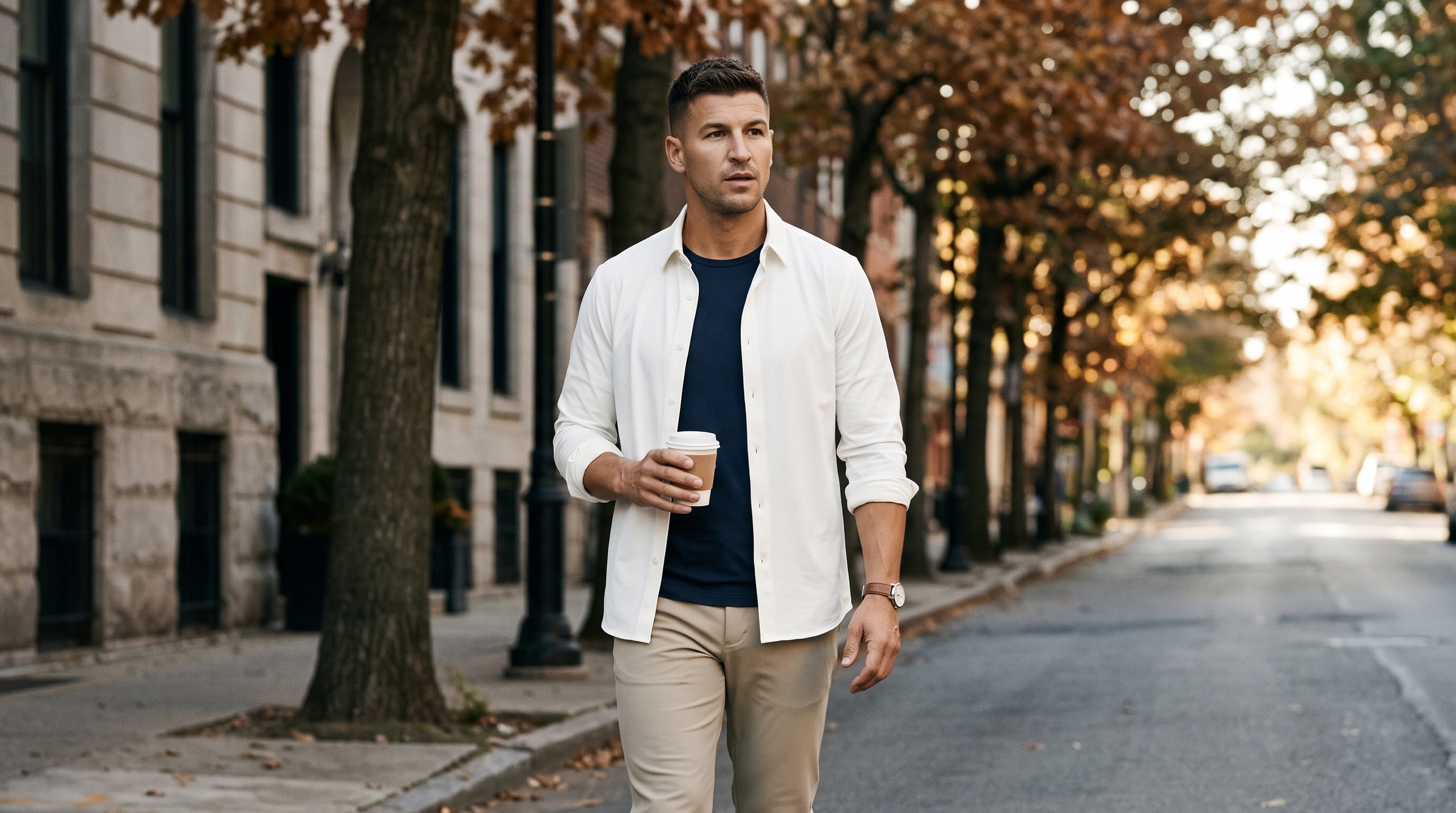 Men's fall layering without the bulk: a man in a white overshirt and khaki trousers on a crisp fall street
