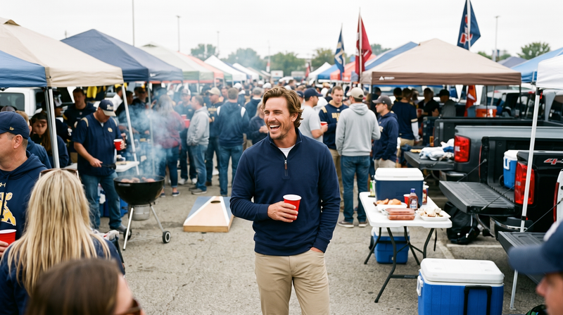 What to wear to a fall tailgate for men: a man in a navy quarter-zip and khaki trousers at a busy college tailgate with tents, a grill, and a crowd