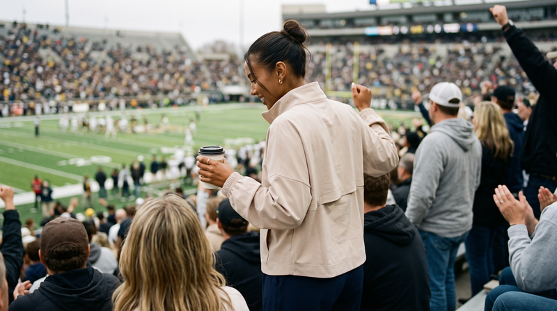 What to wear to a football game for women: a woman in a sand anorak and navy trousers watching the game from a packed stadium crowd