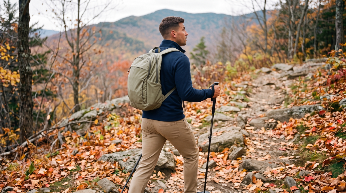 What to wear on a fall hike for men: a man in a navy quarter-zip and trousers hiking a wooded mountain trail in autumn