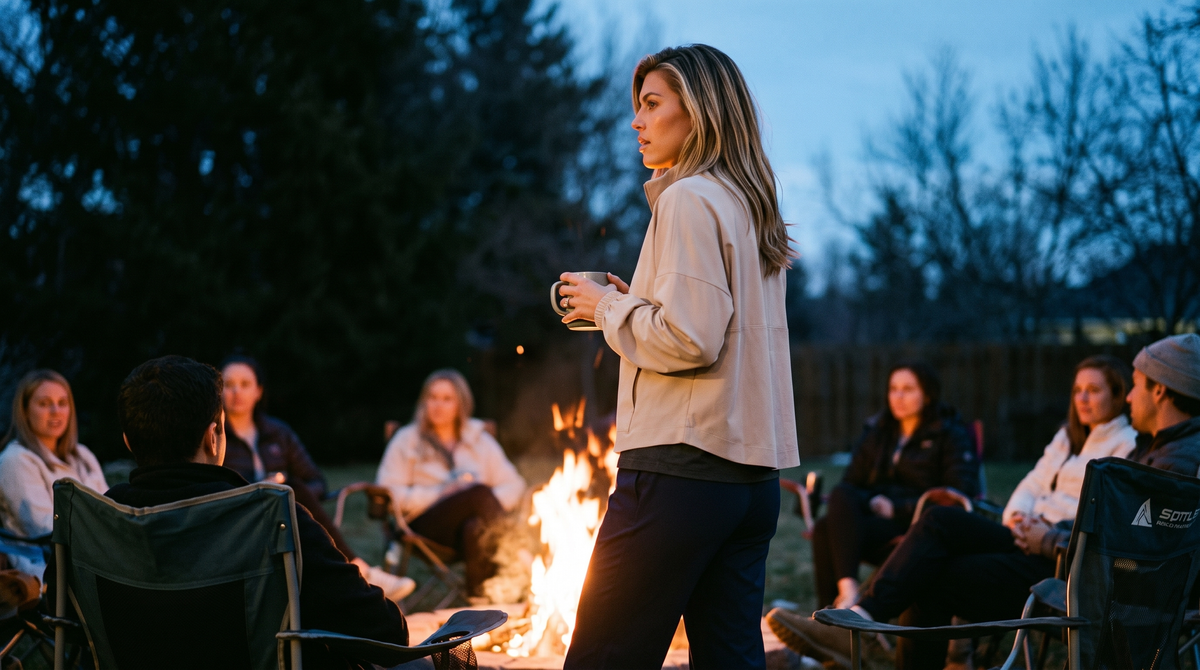 What to wear to a fall bonfire: a woman in a sand anorak and navy trousers by a backyard bonfire at dusk holding a mug
