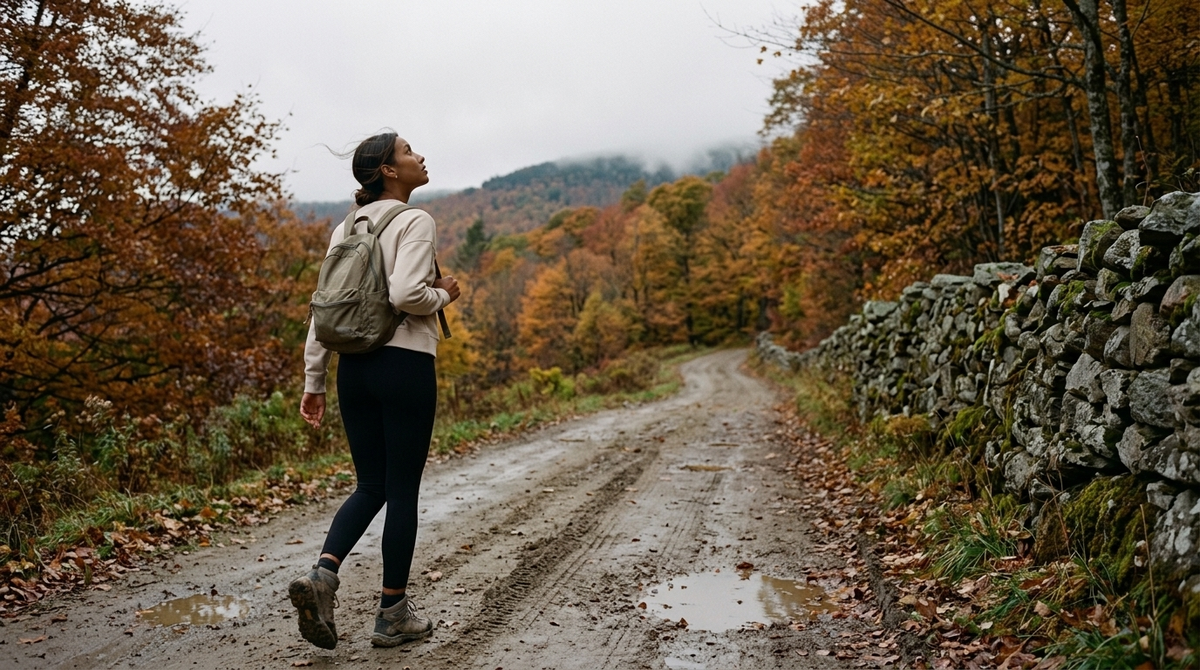 What to wear on a fall hike for women: a woman in a sand Rhone DreamGlow Crew Neck and black Revive 7/8 Pocket Legging walking a muddy dirt road under October maples on an overcast morning
