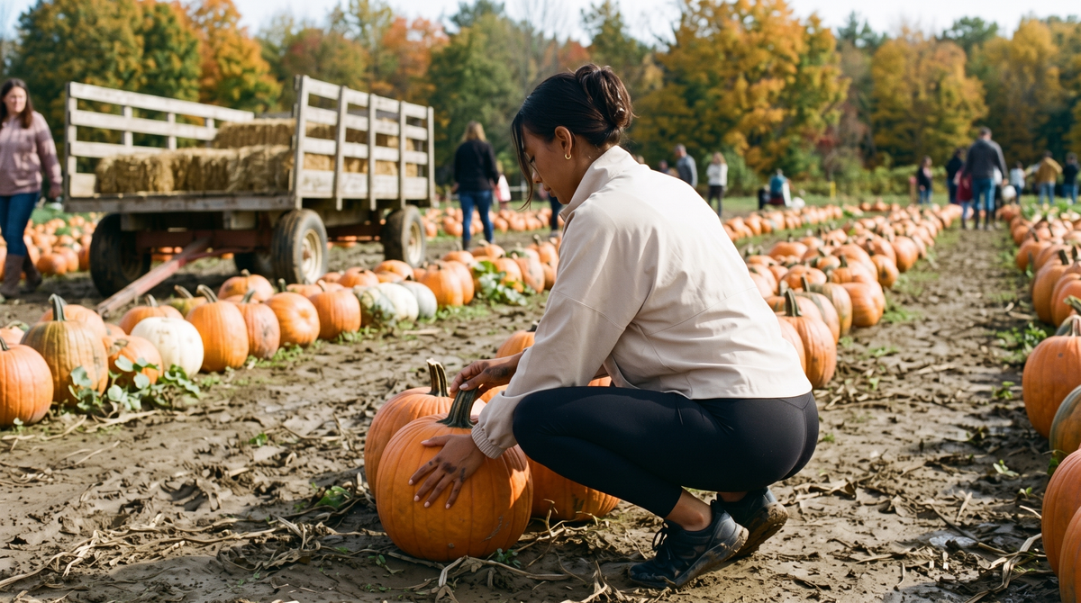 What to wear to a pumpkin patch: a woman in a sand anorak and black leggings crouching to pick a pumpkin in an autumn field