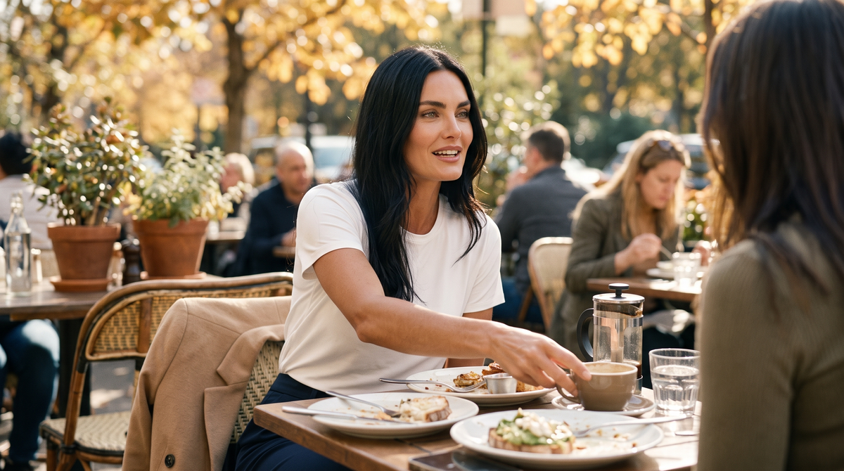 What to wear to a fall brunch: a woman in a white tee and navy trousers seated at a sunny cafe table at brunch
