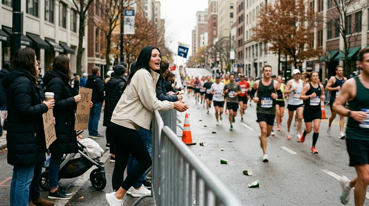 What to wear to watch a marathon: a woman in a sand Rhone Mirage Anorak and black Revive 7/8 Pocket Legging leaning on the course barricade cheering as runners pass on a downtown street on an overcast October morning